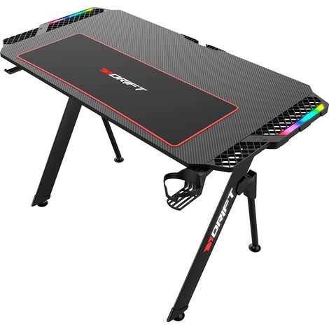 Table de Jeu Fibre de Carbone recouvert d'un Tapis de Souris Pleine Taille, Support de Casque et Tasse, d'une Extension latérale RGB, d'un Organisateur de câbles, Noire (1/5)