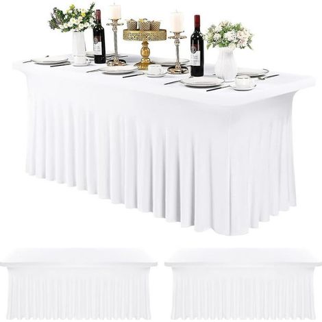 Lot de 1 housse de table rectangulaire blanche 6ft, nappe extensible ajustée avec jupe, tissu infroissable, couvre-table pour événements, protection de table élégante (1/5)