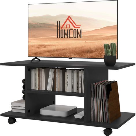 Meuble TV avec roulettes pivotantes, banc TV en bois avec étagères, support télé pour télévision jusqu'à 42 pouces, style contemporain pour salon chambre et bureau, 80 x 40 x 40 cm, noir (1/5)
