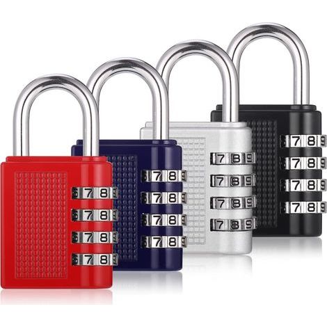 Set of 4 robust metal combination locks for outdoor lockers and suitcases (version A: black, red, silver, blue) (1/5)