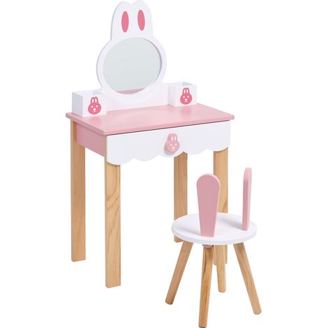 Conjunto de tocador infantil con espejo silla y un cajón motivo conejo rosa Lenah (1/5)