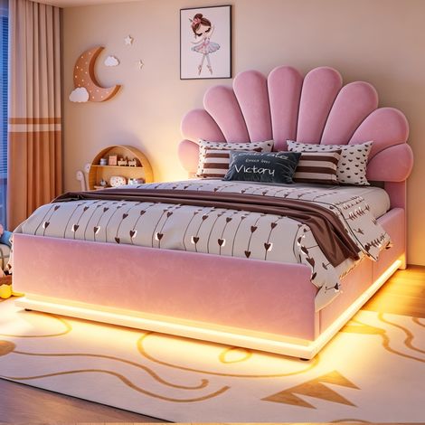 Lit coffre 140x200 cm rembourré avec rangement hydraulique, tête de lit en forme de fleur, éclairage LED, velours, rose