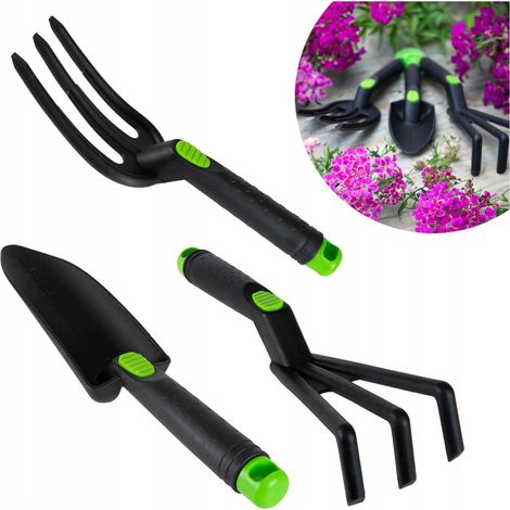 Juego de 3 herramientas de jardinería: rastrillo, garras y pala.