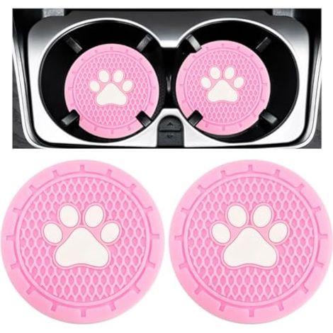 Kewucn Lot de 2 dessous de verre de voiture de 7 cm - Motif patte mignonne - Pour homme et femme - Antidérapant - En PVC - Accessoires universels pour décoration intérieure de voiture (rose) (1/5)