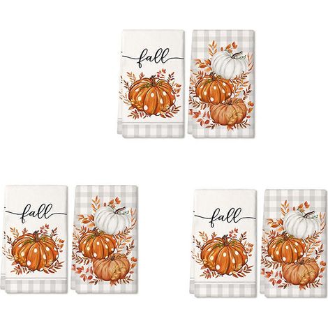 Lot de 6 torchons de cuisine automnauxmotif citrouille orange et carreaux gris. (1/5)