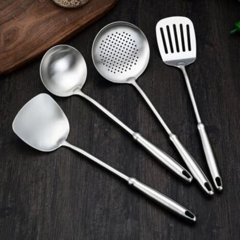 Set de 4 utensilios de cocina fabricados en acero inoable 304, que incluyen espátula, cucharón, espumadera y espátula ranurada. Apto para lavavajillas (mango en forma de cit). (1/5)