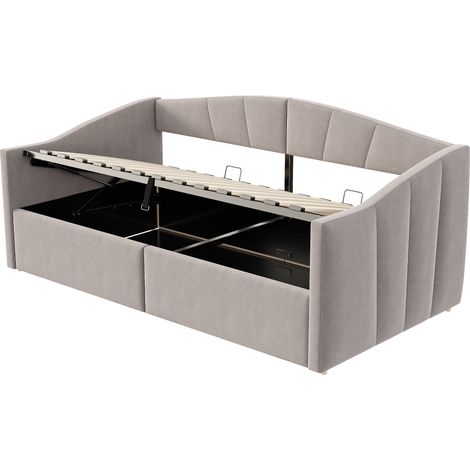 Cama sofá capitoné 90 x 200 cm con almacenaje hidráulico y lamas, gris claro (1/5)