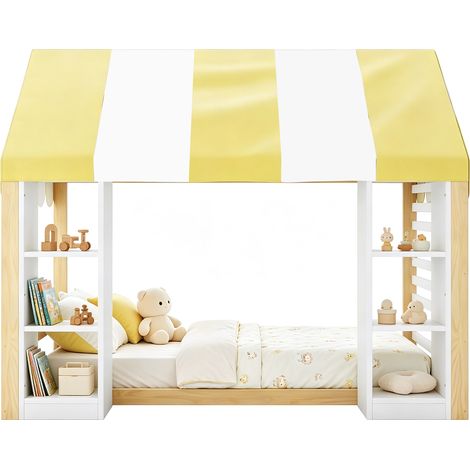 Superbe lit enfant 90x200 lit à baldaquin, lit avec rangement ouvert pour chambre, design cabane couleur blanc et naturel. (1/5)