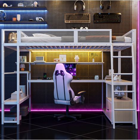 letto matrimoniale 140x200 con scrivania LED bianco HAVRYA (1/5)