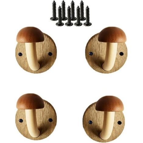 Crochets en bois en forme de chapeau de champignon amusants avec vis d'expansion, crochets porte-serviettes colorés en bois massif