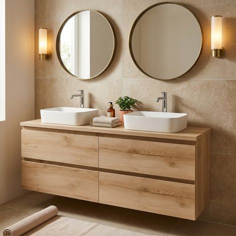 Swiss Aqua Technologies – Meuble bas de salle de bain suspendu 119x50x45 cm – 4 tiroirs indépendants – Stratifié chêne mat – BWAY2120OAKDESK (1/5)