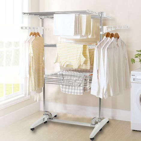 Étendoir Linge Intérieur avecRoues , sur 3 Niveau Séchoir à Linge Extensible Pliable, 142 x 82 x 50 cm,argent (1/5)