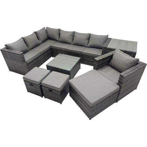 Fimous Rattan Garden Furniture Patio Furniture Sets with Corner Sofa Chair Square Coffee Table Side Table 3 Footstools Dark Grey Mixed (1/5)