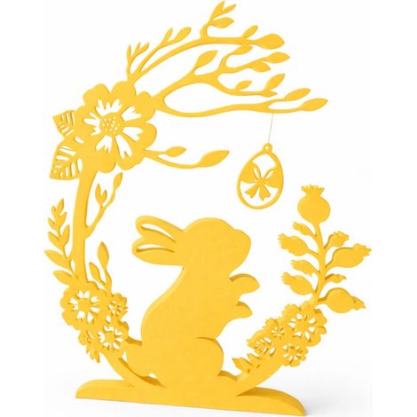Decoración de Pascua: un conejito bajo el arco con un huevo de Pascua amarillo.