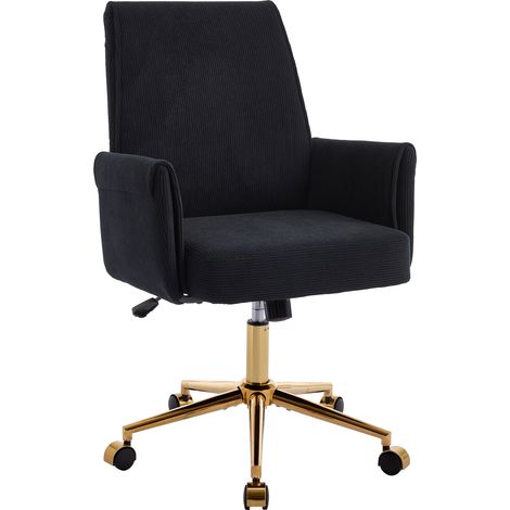 Silla de oficina giratoria regulable con respaldo medio, tela de pana negra y base dorada (1/5)