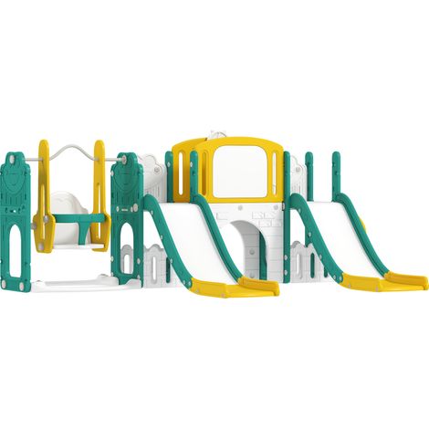 9-in-1 Rutschen- und Schaukelset für Kleinkinder, mit Basketballkorb, Teleskop, Zeichenbrett, Frosch-Design, Gelb+Grün (1/5)