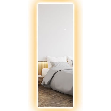 Grand miroir mural LED pleine longueur 120x40 cm, 3 couleurs de lumière réglables avec fonction mémoire, transparent