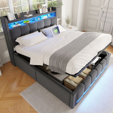 Doppelbett 160x200 cm Grau aus Leinenstoff mit LED-Beleuchtung, USB und Stauraum (1/5)