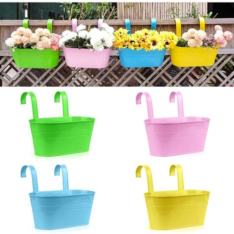 (4 PCS) (Grand)Pots de Fleurs Pots de Fleurs à Suspendre en Fer en Métal Pots de Jardin Jardinières de Balcon Seau en Métal Porte-Fleurs à Suspendre Décor Pot- Crochet Amovible (1/5)