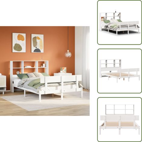 Cama con cabecero - vidaXL Cama con estantería sin colchón madera maciza blanca 140x200 cm - Estantería para dormitorio