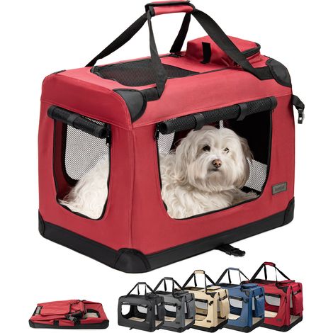lionto Hundetransportbox faltbar, stabile Stoffbox mit Mesh-Einsätzen, ideal für Auto, Reise & Tierarzt, 60x42x44 cm, dunkelrot