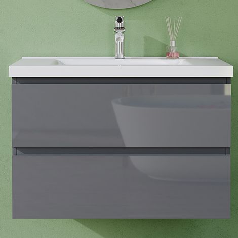 AVER-GROWTH 800mm Gloss Grey Bathroom Vanity Unit With Wash Basin Ceramic Sink, 2 Soft-Close Drawers for Storage, Wall Hung Cabinets