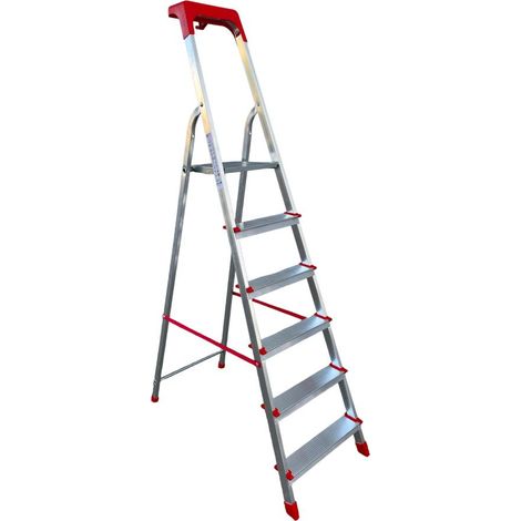 Scala Domestica in Alluminio 6 Gradini Antiscivolo con Portaoggetti Altezza pedana 120 cm (1/5)