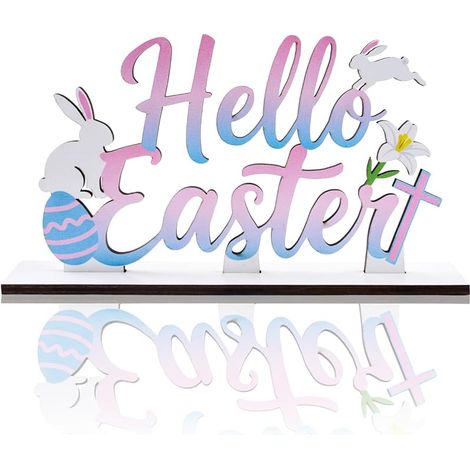 1 panneau en bois « Hello Easter » amovible, panneau de vacances de ferme, décoration de table de Pâques, décoration de table rustique, fleur, œuf, lapin pour maison, bureau, étagère