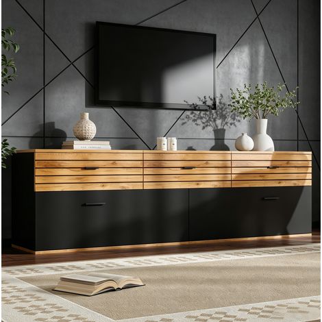 Meuble TV pour écran jusqu’à 65 pouces, 2 portes abattantes, 3 tiroirs, MDF noir et bois naturel, 168x38x59 cm (1/5)