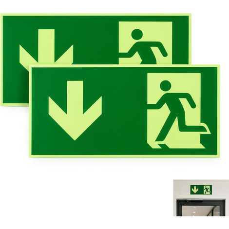 2 Pièces Panneau Issue Secours 30x15cm, Signalétique Évacuation, Panneaux Sortie Secours Photoluminescents, Plaque Auto Adhésive Signalisation Lumineuse pour Maison Bureau École Bâtiment Sécurité (1/5)
