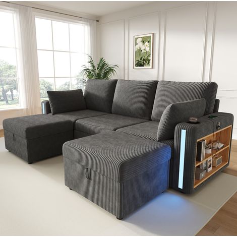 Sofá esquinero modular U/L con 2 pufs de almacenaje, LED, USB/Type-C, pana gris DESVIAE (1/5)