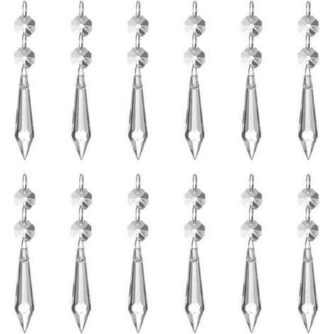 (12er-Pack) 62 mm Eisprismen-Anhänger aus klarem Kristallglas, ideal als Kronleuchter-Sonnenfänger mit 12 achteckigen Perlen und Ringen, perfekt für Lampen, Gartenpartys, Weihnachten und Hochzeiten. (1/4)