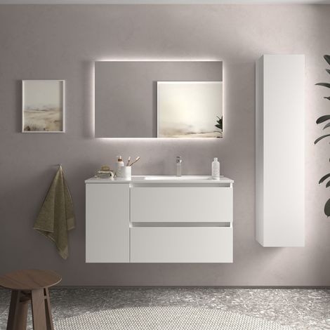 Meuble de salle de bain BEQUIA Plus 100cm Blanc mat Vasque Porcelaine Robinet à droite (1/5)