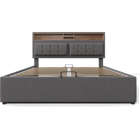 Cama doble capitoné 140x200 de lino gris con USB-C, enchufes y almacenaje (1/5)