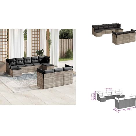 The Living Store 10-tlg. Garten-Sofagarnitur mit Kissen Hellgrau Poly Rattan - Gartensessel (1/3)