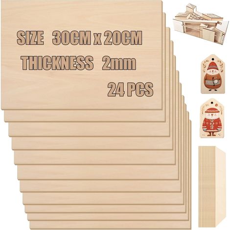 24 Pièces Feuilles de Bois de Balsa, 300 x 200 x 2mm Feuilles de Contreplaqué Non Finies Panneau de Tilleul Lisse pour Maison Décoration, Bricolage Projets, Modèle en Bois, Peinture et Gravure (1/5)