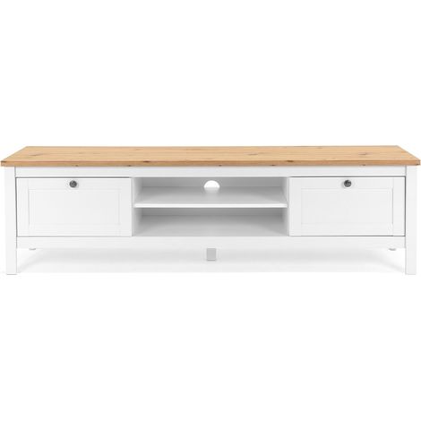BERGEN Meuble TV 2 tiroirs - Decor chene artisan et blanc - L 160 x P 45 x H 40 cm (1/5)
