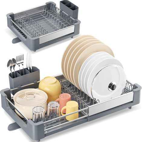 Égouttoir à Vaisselle Extensible, Aluminium Égouttoirs, Egouttoir Vaisselle, égouttoir à Vaisselle réglable avec Bec de Drainage, egouttoir Vaisselle Pliable pour Cuisine Gris (1/5)