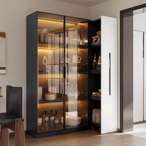 Vetrina 110,5x35x160 cm - Mobile multifunzionale 2 in 1 con libreria scorrevole e LED - Bianco e Nero (1/5)