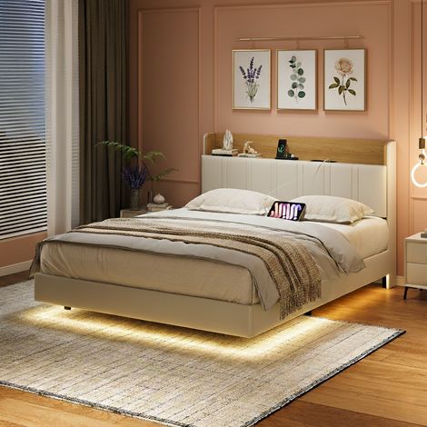 Cama de matrimonio 160x200 cm con efecto flotante e iluminación LED - cabecero tapizado con espacio de almacenaje, 2 enchufes/1 USB-C/1 USB - beige (1/5)