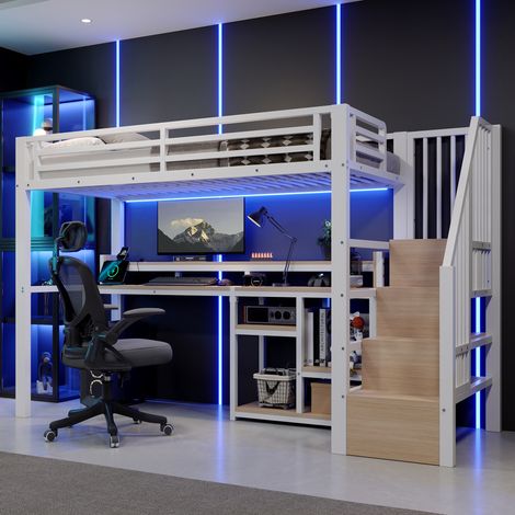 Lit mezzanine 90x200 cm blanc en métal et MDF avec rangement, LED et ports USB-C (1/5)