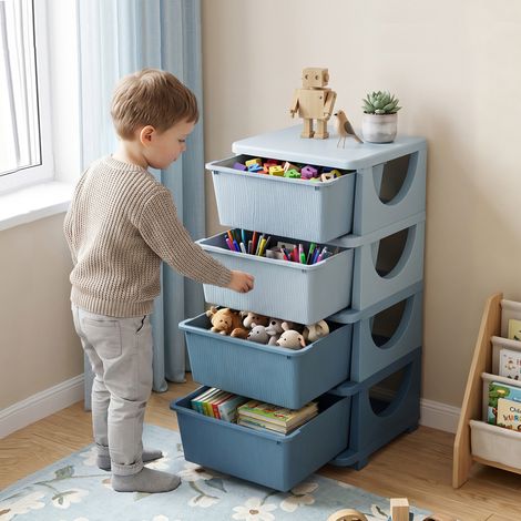 Boîtes de rangement pour enfants, 4 tiroirs, bords arrondis, motif en relief, plastique, bleues (1/5)