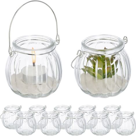 Relaxdays Candle Lanterns, Set of 12, with Handle, Round Glass, Tealight Holders, 7.5 x 8 cm, Indoors & Outdoors, Clear