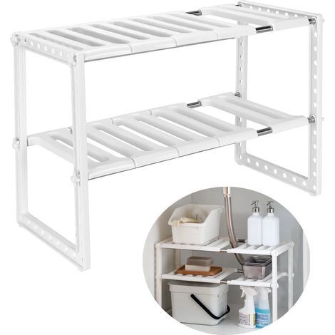 Aufbewahrungsregal unter der Spüle, erweiterbarer Rack-Organizer für Küche, Badezimmer, Schlafzimmer, Wohnzimmer, verstellbare Länge 38–70 cm, Tragfähigkeit 14 kg (weiß) (1/5)