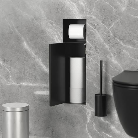 LuxeBath Modulo armadio da incasso bagno in acciaio inox nero opaco con porta carta igienica piastrellabile, mensola portaoggetti a muro, set portarotolo, mobile salvaspazio per hotel (1/5)