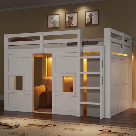 Lit mezzanine en bois 140 x 200 cm avec penderie intégrée, 2 fenêtres et éclairage LED, blanc, verre trempé 8mm