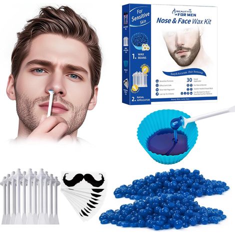 Nose Wax Kit Cire pour Nez, 50g de Cires, 30 Applicateurs, 10 Modèles de Moustache Cire d'Epilation des Poils du Nez Sûr, Facile, Rapide et Indolore (1/5)