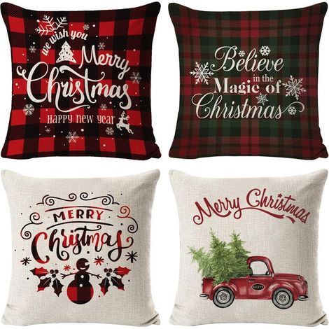 Lot de 4 taie d'oreiller de Noël, arbre de Noël flocon de neige renne décor à la maison taies d'oreiller en lin de vacances de noël ferme maison chambre coussin (C) (1/4)