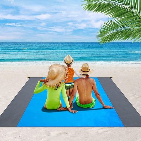 Tapis de plage extra large 210 x 200 cm, imperméable et anti-sable, idéal pour le camping, la randonnée et les pique-niques (bleu) (1/4)