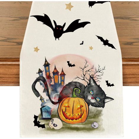Chemin de table Halloween Citrouille & Chat, 40x140cm, réutilisable